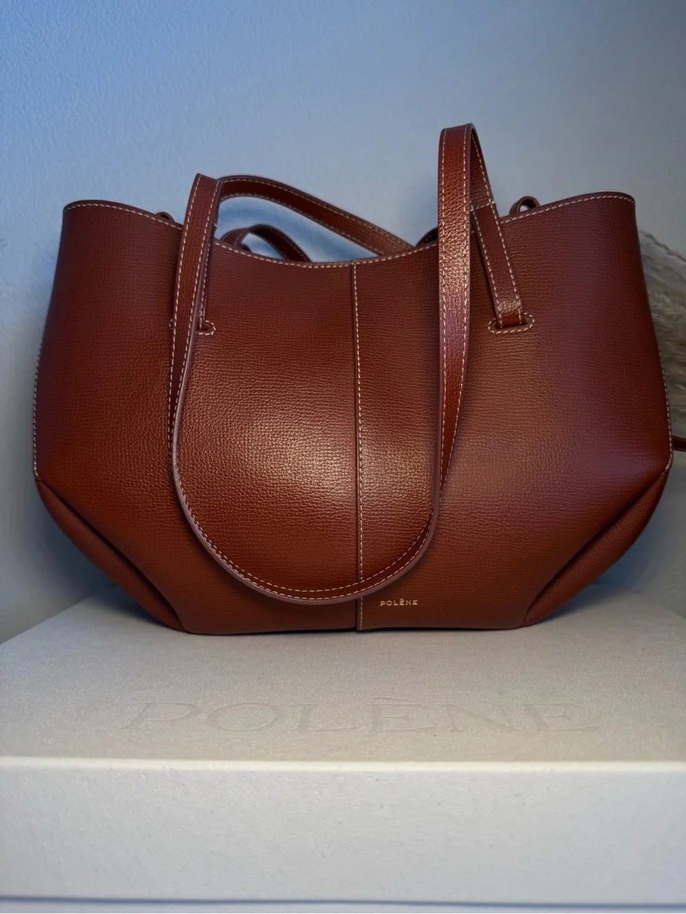 Polene Cyme Mini EDITION TEXTURED COGNAC Small Expandable Tote Hand/Shoulder Bag